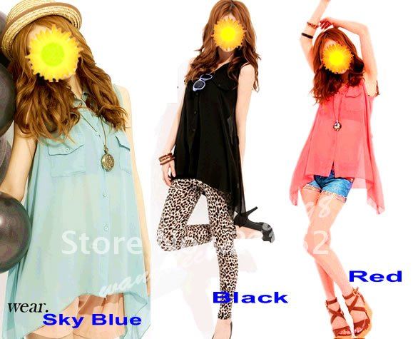 Dropshipping Hot Fashion Womens Irregular Hem Sleeveless See-through Chiffon Blouse Top Black/Red/Sky Blue+Free Shipping