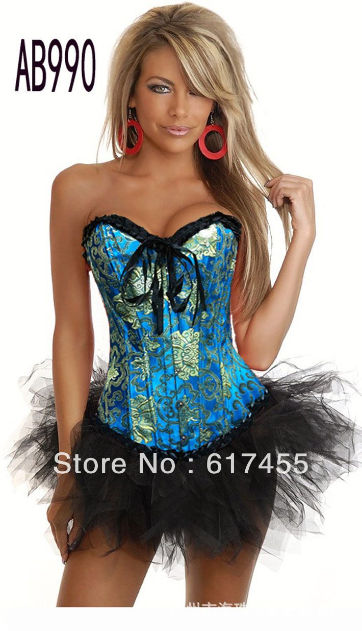 Dropshipping Women shaper sexy lingerie satin Lace-up sky blue Corset 990
