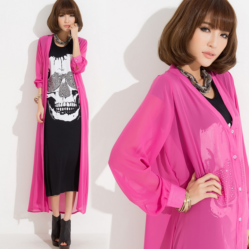 Dtod2012 women's spring fashion loose chiffon shirt long-sleeve ultra long paragraphs chiffon clothing cardigan free shipping