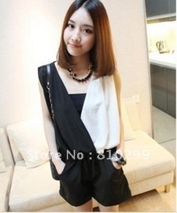 E 2012 women's jumpsuit fashion all-match black and white chiffon jumpsuit shorts a09