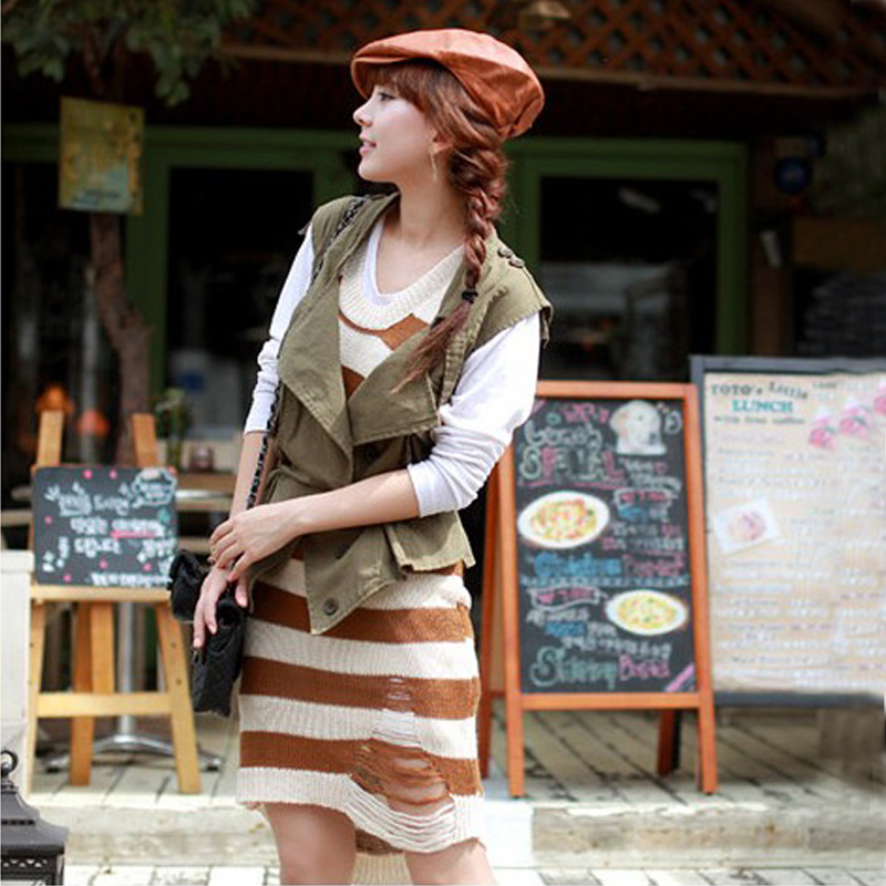 E-HOME Free Shipping Sleeveless stripe sweater hole one-piece dress basic design stripe long sweater casual -hb