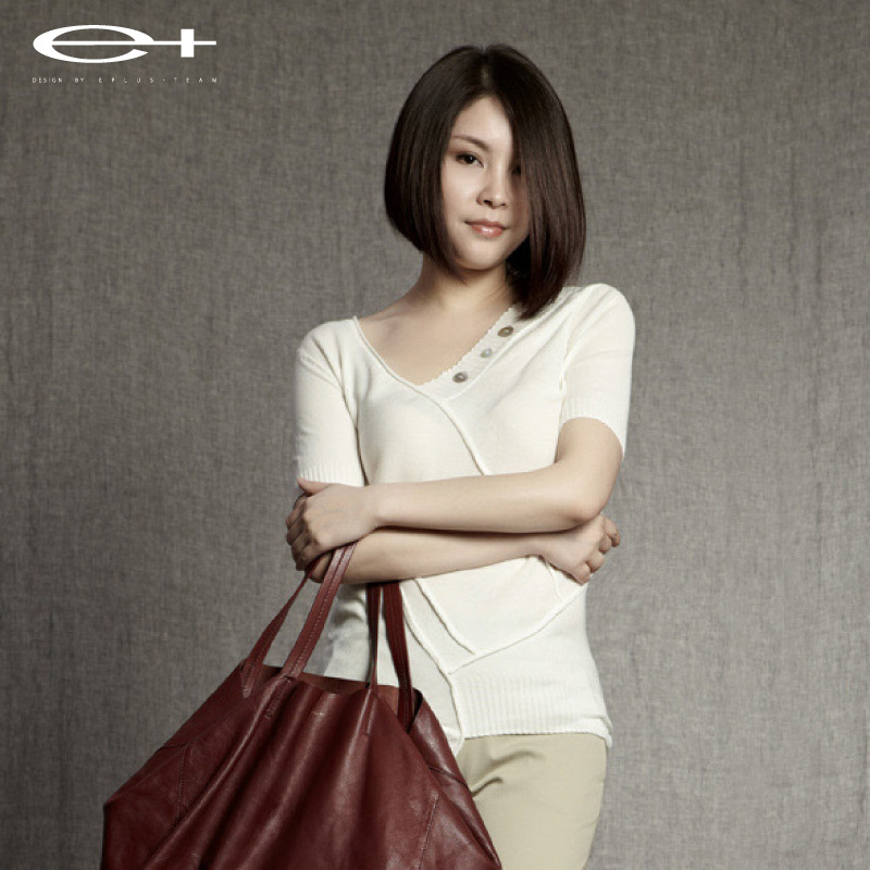 E summer women's cotton solid color irregular V-neck short-sleeve slim sweater
