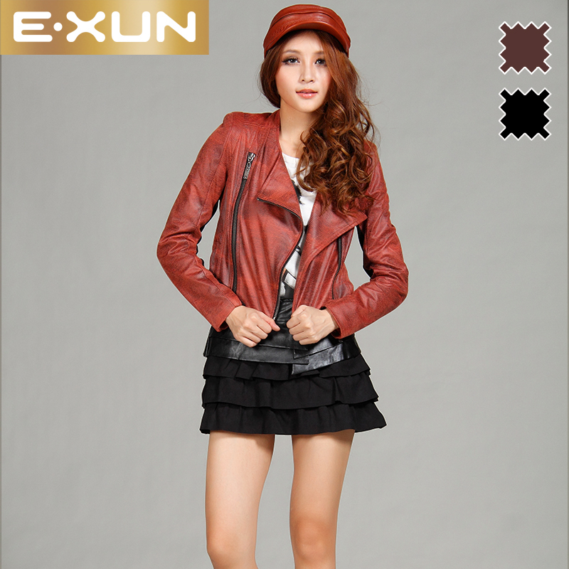 E.xun women's patchwork leather color block short skirt bust skirt pleated skirt winter skirt female