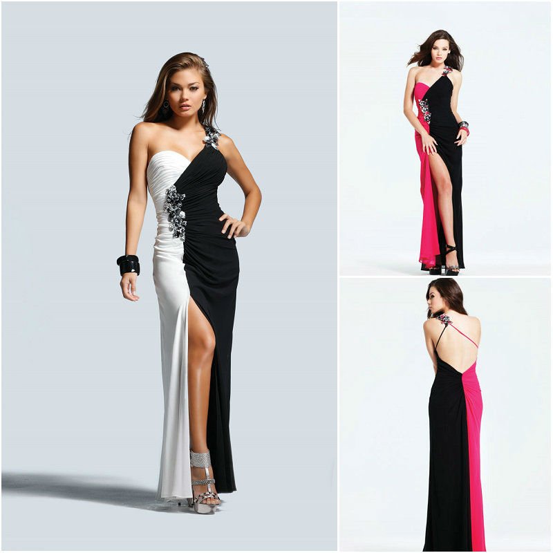 E0145 Sexy one shoulder side slit black and white evening dress
