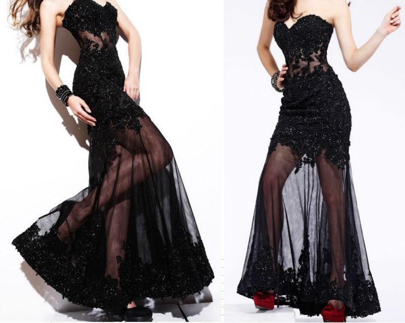 E0164 Sexy see through black lace overlay evening dress