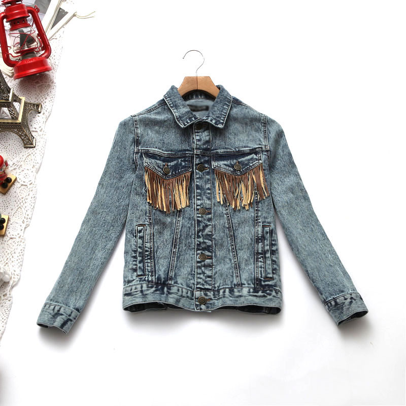 E30050 spring 2012 women's suede fabric tassel turn-down collar water wash denim outerwear short jacket