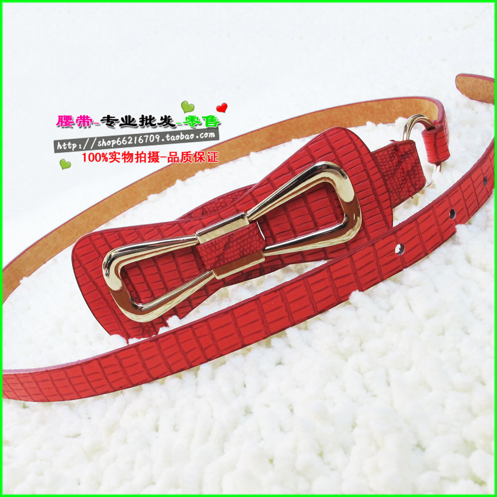 E47 leopard print bow genuine leather strap women's thin belt gold buckle