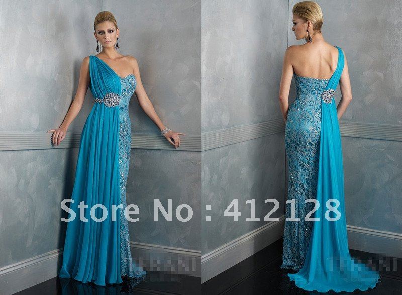 E77 One Shoulder Sweetheart Blue Chiffon Lace Evening Dress Beaded Dimonds Floor Length For Party or Christmas