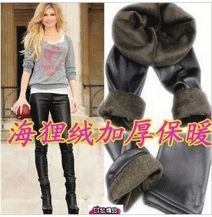 E8102 cool autumn and winter thickening faux leather double layer beaver velvet legging warm pants , Free shipping