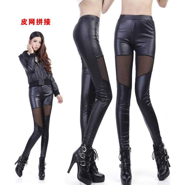 E9053 winter plus velvet thickening legging faux leather gauze patchwork meat warm pants leather pants 449g