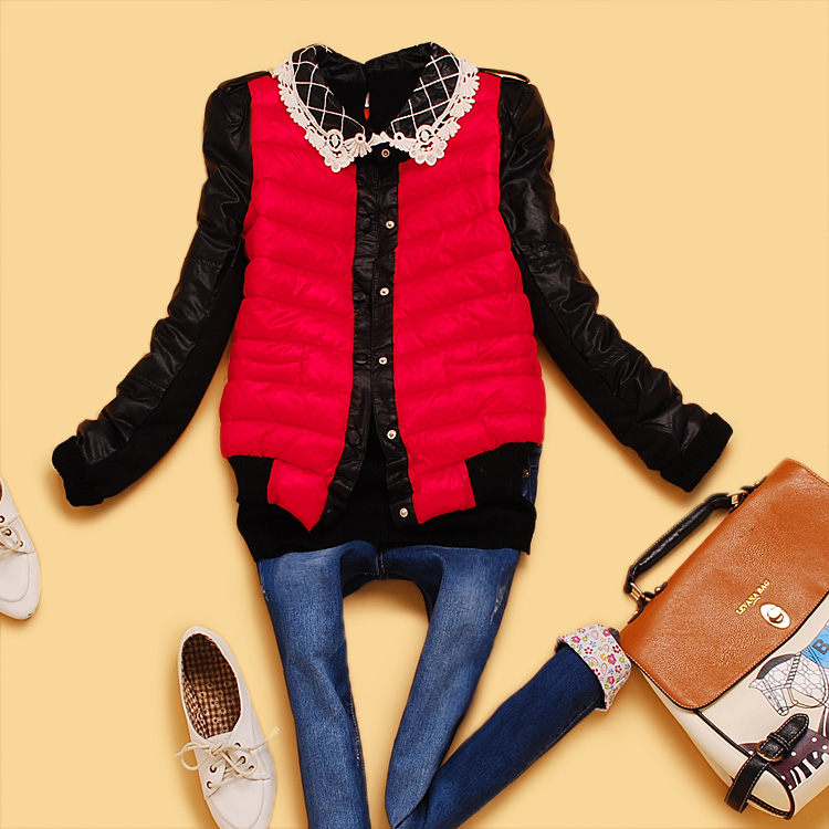 Ea3-3-4 winter women's epaulette faux leather rib knit match thickening wadded jacket outerwear small cotton-padded jacket