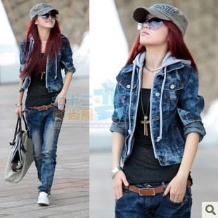 East Knitting 2013 hooded autumn short design denim outerwear Free Shipping