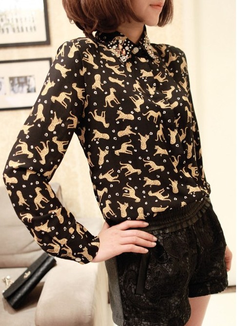 EAST KNITTING AA-132 top with rhinestone women clothes fashion blouses 2013 punk style rivet Chiffon Blouse Diamond Tops HOT!!