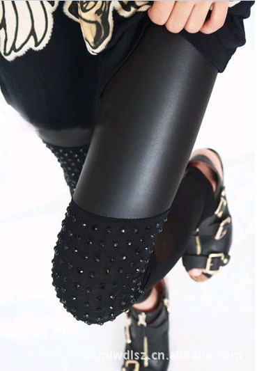 EAST KNITTING AA-144 Leggings For Women 2013  Rivet punk style Stud pants Shiny Spike Tights Pu leather patchwork leggings