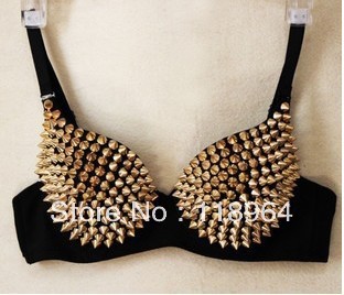 East Knitting BR-011 Rivet Bra Women Party Disco All-over Spike Stud Design Bra Metallic Punk Dance Lady gaga Bra Gloden/Sliver