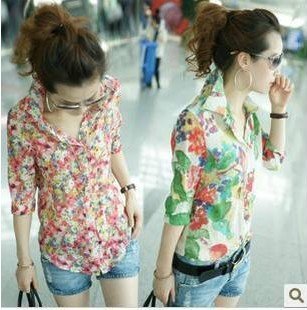 EAST KNITTING FH-055 Free Shipping Women Sexy chiffon Yarn halter flower printting perspective lapel shirts/Blouse