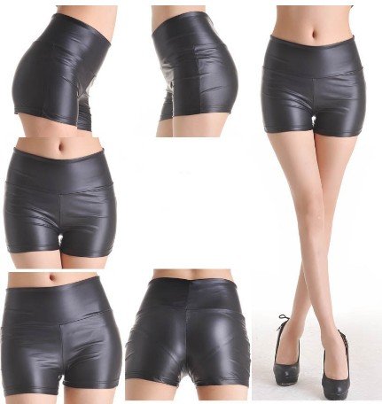 East Knitting FREE SHIP SED-064 Shiny Metallic High Waist Leggings Black Stretch Leather Look Short Pants 5pc/lot