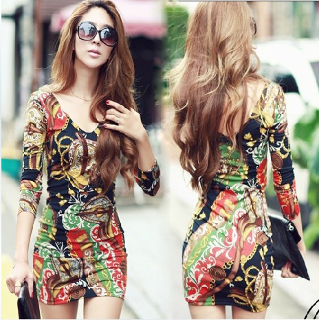 EAST KNITTING Free Shipping 2013 New Fashion Women's Double V-neck Sexy Cotton Dress, Flowers Print Casual Dress M/L/XL HOT!!