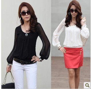 East Knitting FREE SHIPPING AE-016 Women chiffon long-sleeve collar Shirt/Blouse Plus size Good Quality Fast Delivery