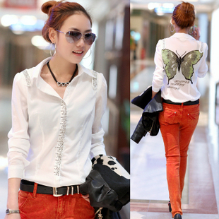 East Knitting FREE SHIPPING AE-050 Lady Fashion Casual butterfly shiny Shirt/Blouse M/L/XL Brand Quality Fast Delivery