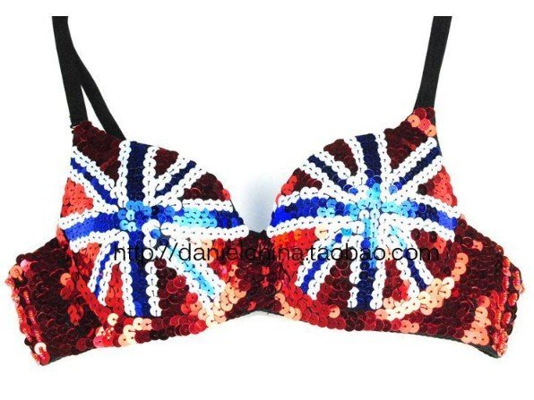 East Knitting FREE SHIPPING BR-028 Hand Make Women UK Britain Flag Paillette Shiny Metallic Punk Disco Dance Bra Best Quality