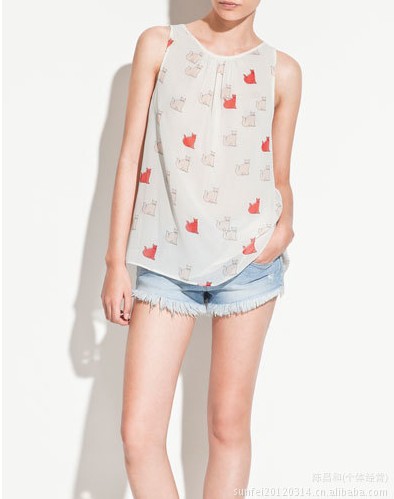 EAST Knitting FREE SHIPPING KW-098 Women Sleeveless Summer Thin Cat Print Lapel Collar Chiffon Blouse Top Shirt  S/M