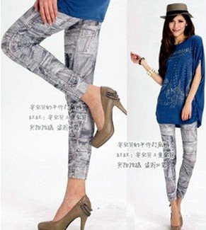 East Knitting FREE SHIPPING+LJ-008 Women's Fashion Grey Graffiti Fake Jeans Seamless Jeans jeggings Plus Size