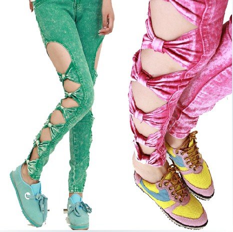East Knitting Free Shipping LJ-099-1 Classical Detailed Woman Side Bow Cutout Ripped Denim Sexy Jeans Jeggings 8 Color S/M/L