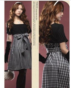 EAST KNITTING FREE SHIPPING Retail/Wholesale Lady Casual Houndstooth  Bow One-piece dress Fast Delivery Best Quality