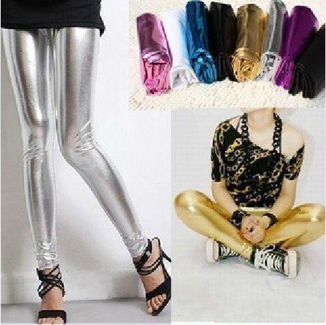 East Knitting FREE SHIPPING+Wholesale 5pc/lot 9-51 Metallic PUNK Leather Women Dancing Shiny Leggings PLUS SIZE Glod Sliver
