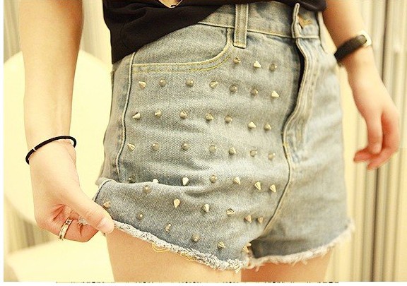 East Knitting  HOT Metallic Punk High Waisted Grey brads Rivet studs Jeans Denim frayed Shorts Pants Free Shipping S/M/L