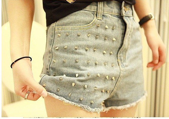 East Knitting  HOT Metallic Punk High Waisted Grey brads Rivet studs Jeans Denim frayed Shorts Pants Free Shipping S/M/L