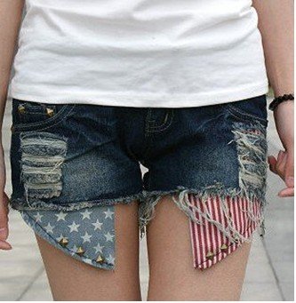 EAST KNITTING LJ-050 Fashion Stripes US Flag pants rivet short jeans Denim shorts hot pant jeans for women  Free Shipping