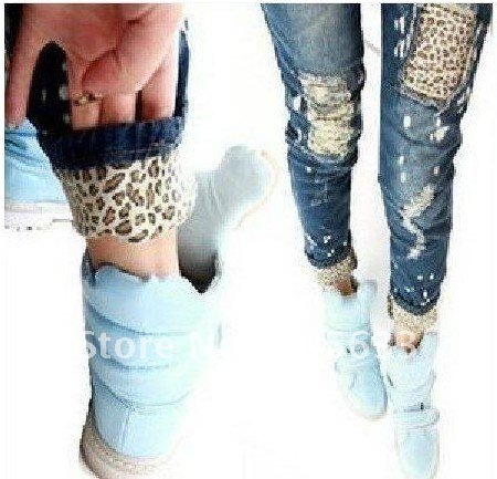 East Knitting LJ-098 Wholesale Funny Detailed Women Leopard Cutout Broken Ripped Amazing Jeans Jeggings Free Shipping