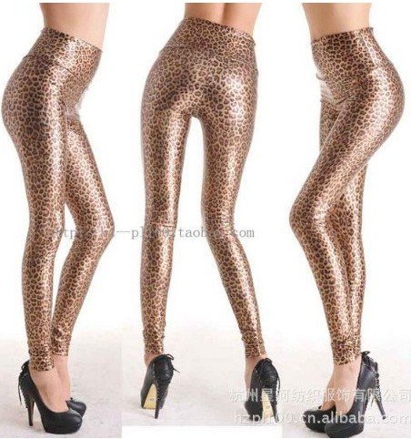 East Knitting SED-067 Leopard Print Leggings Metallic Punk High Waist Leggings Leather Look Stretch Leggings Free Shipping
