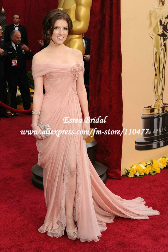 EC01 Anna Kendrick Off The Shoulder Chiffon Lace Flowers Sexy Slits Coral Oscar Dress Red Carpet Fashion