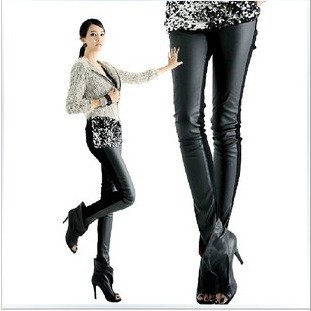 ee Shipping Women PU Leather Black Shiny Leggings High-waist Stretch Material Pants Ladies Fashion Tights