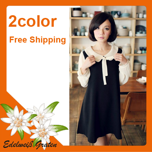 *EG* 2013 Spring / vintage collar / dresses / Long Sleeve / 2 color / Black and pink / sweater dress FREE SHIPPING ITEMS 080-034