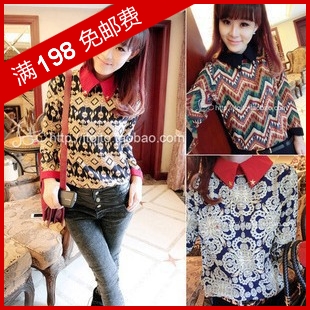 ELAND 2012 turn-down collar vintage print long-sleeve chiffon top