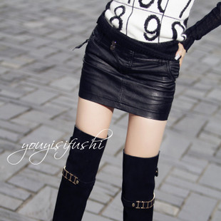 ELAND 2012 winter modeling all-match black slim hip leather skirt short paragraph bust skirt