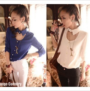 ELAND d54 fashion vintage small lapel faux silk chiffon long-sleeve slim medium-long shirt , Free Shipping