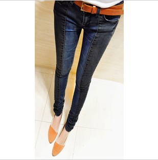 ELAND e011 all-match elastic color block tight skinny pants pencil pants jeans Free Shipping
