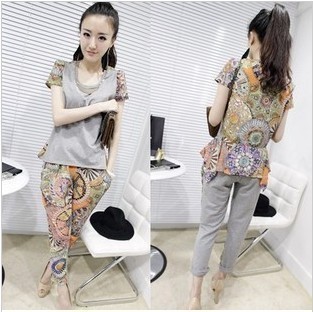 ELAND n2 s vintage gear pattern patchwork short-sleeve T-shirt harem pants casual set