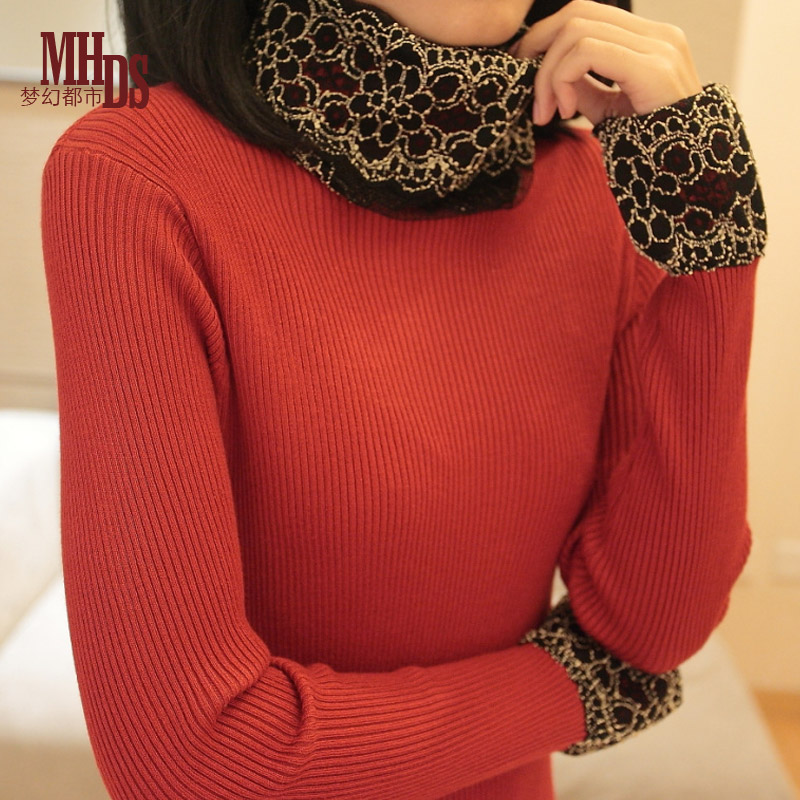 Elastic thermal sweater turtleneck women's gentlewomen lace heap turtleneck knitted basic shirt 2012