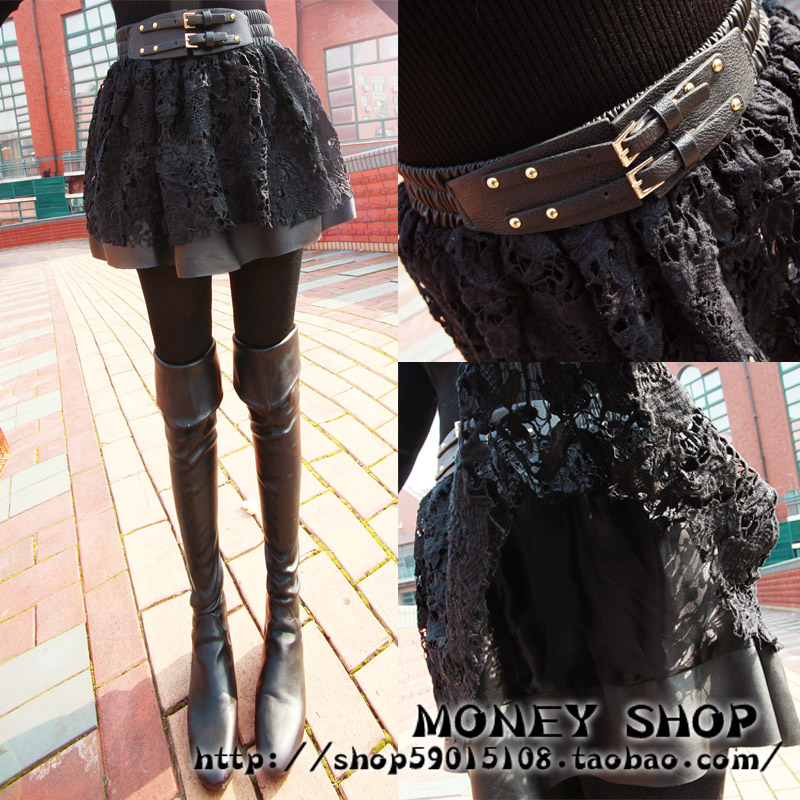 Elastic waist double layer three-dimensional lace crochet leather skirt women's new arrival