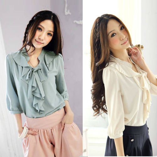ELEGANT 3/4 SLEEVE CHIFFON BLOUSE WITH FRILL 3087