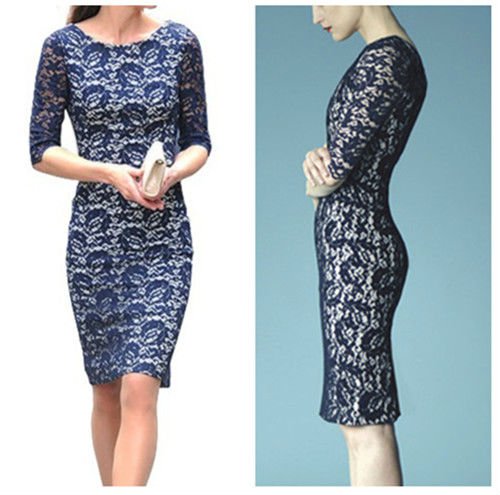 ELEGANT 3/4 SLEEVE SLIM FIT BODYCON EMBROIDERY LACE DRESS PRINCESS BLUE 3 SIZE  #0016