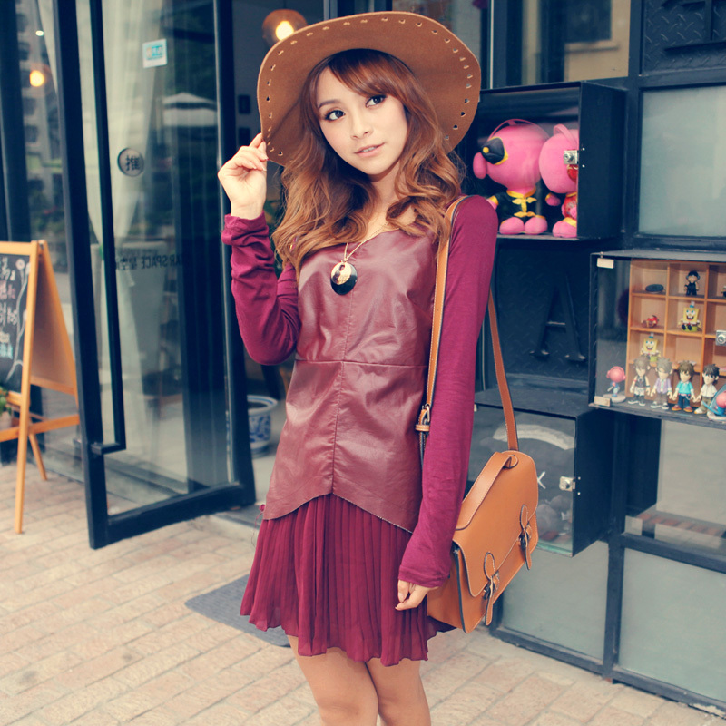 Elegant all-match women's faux two piece set leather long-sleeve basic autumn and winter one-piece dress chiffon skirt