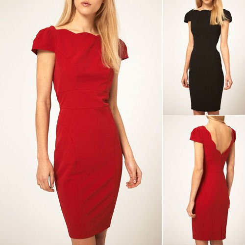 ELEGANT BACKLESS SHORT SLEEVE SCALLOPED EDGE SLIM FIT DRESS 3306