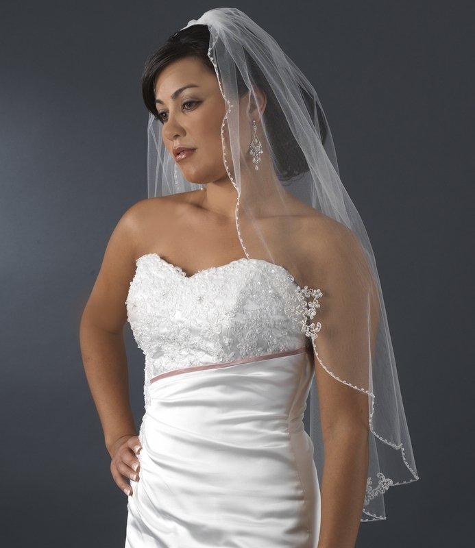 Elegant Beaded Embroidered Fingertip Bridal Wedding Veil (White or Ivory)